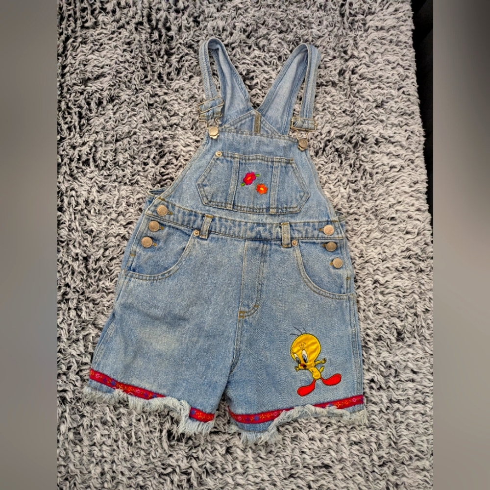 Looney Tunes Vintage 90s Tweety Bird Denim Overall Shorts size 6